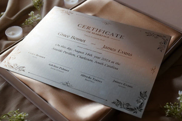 Personalized stainless steel wedding certificate with Taditional Vintage Design