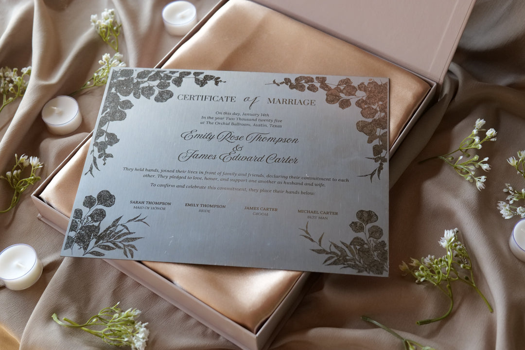 Personalized stainless steel wedding plaque with Modern Botanical design